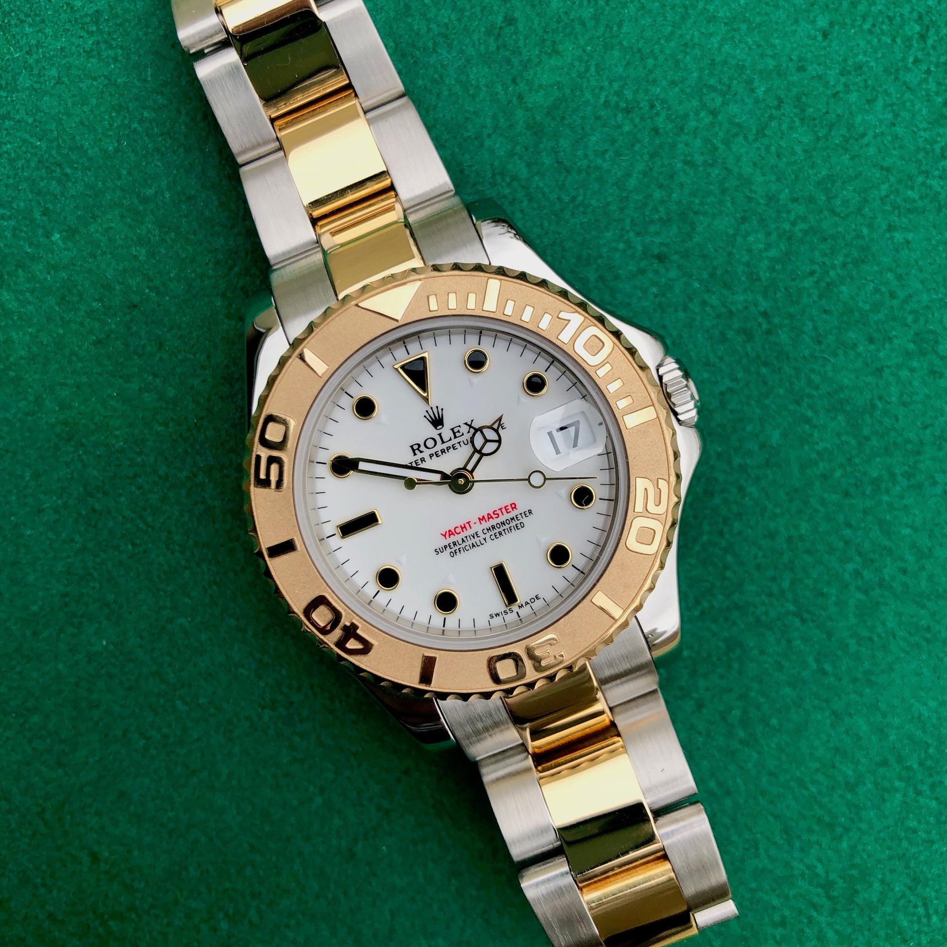 Rolex Yachtmaster 168623 Two Tone Steel Gold 35mm White Oyster Wristwatch Box Papers - Hashtag Watch Company