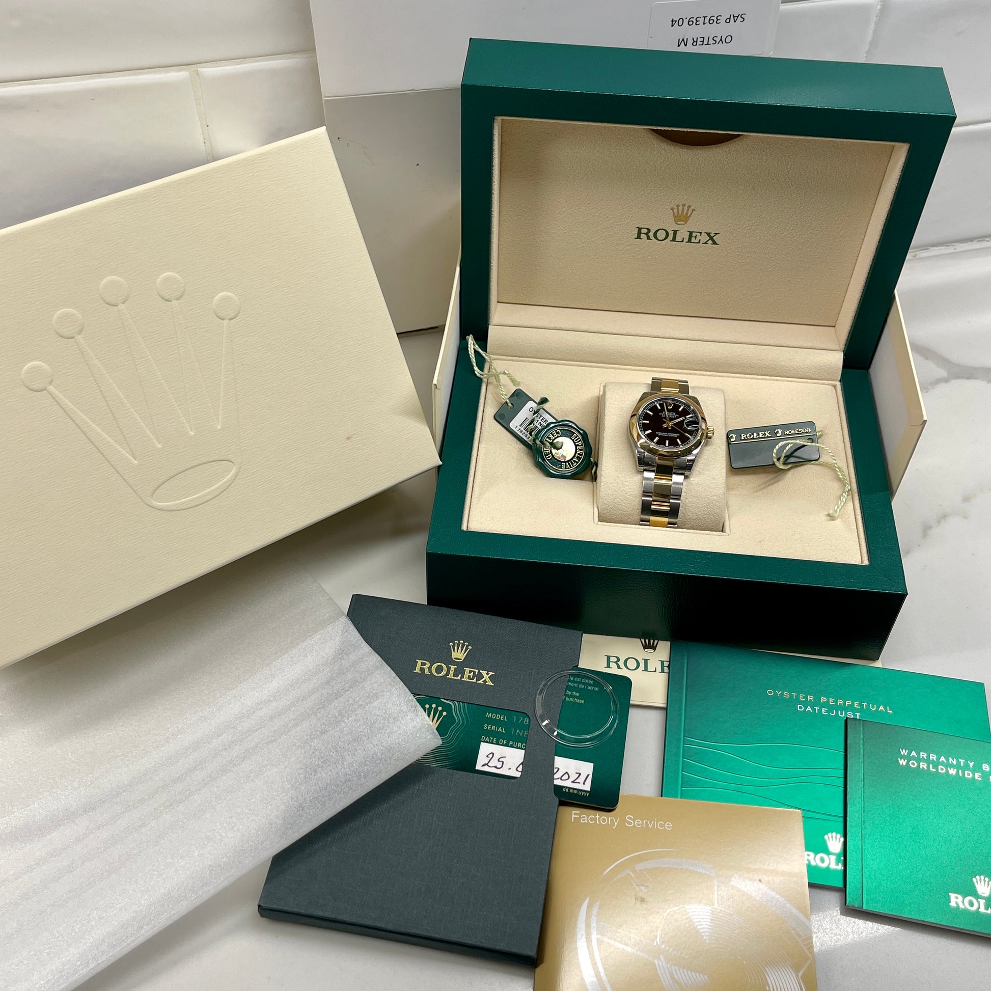 2021 Rolex Datejust 178243 Ladies Two Tone 31mm Midsize Black Stick Wristwatch Box Papers Factory Wrapped - Hashtag Watch Company
