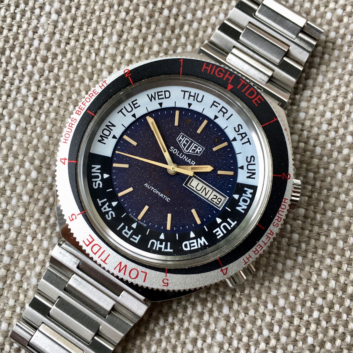 Vintage Heuer Solunar Tide Graphe Steel Day & Date Calendar Automatic Tropical Wristwatch - Hashtag Watch Company