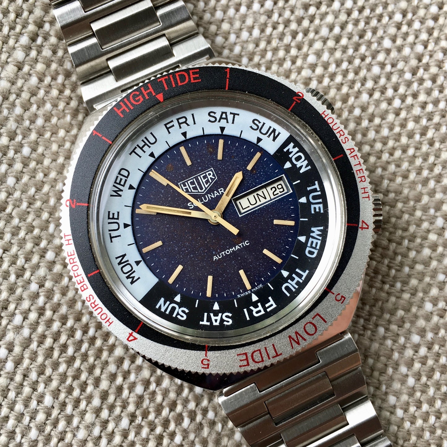 Vintage Heuer Solunar Tide Graphe Steel Day & Date Calendar Automatic Tropical Wristwatch - Hashtag Watch Company