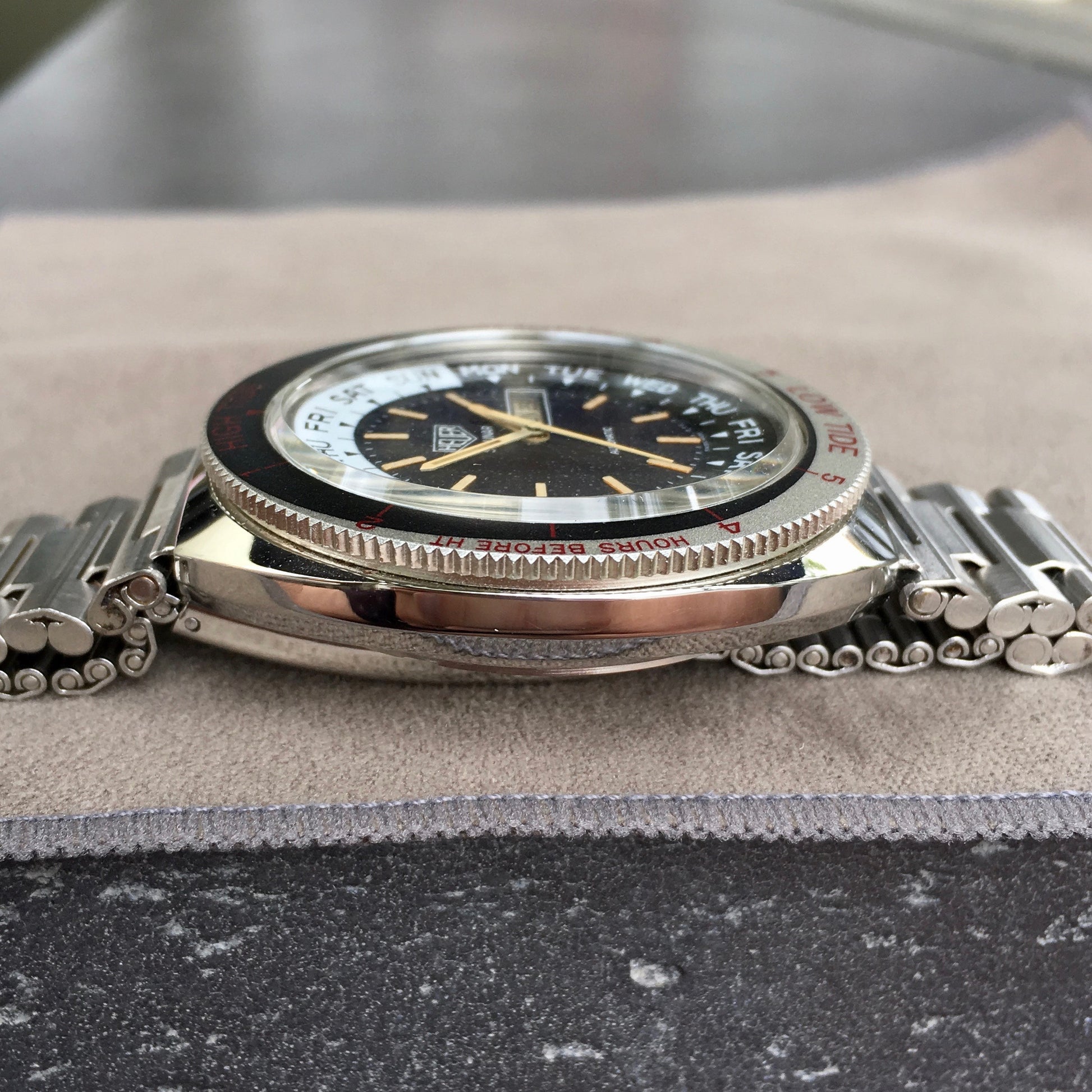 Vintage Heuer Solunar Tide Graphe Steel Day & Date Calendar Automatic Tropical Wristwatch - Hashtag Watch Company