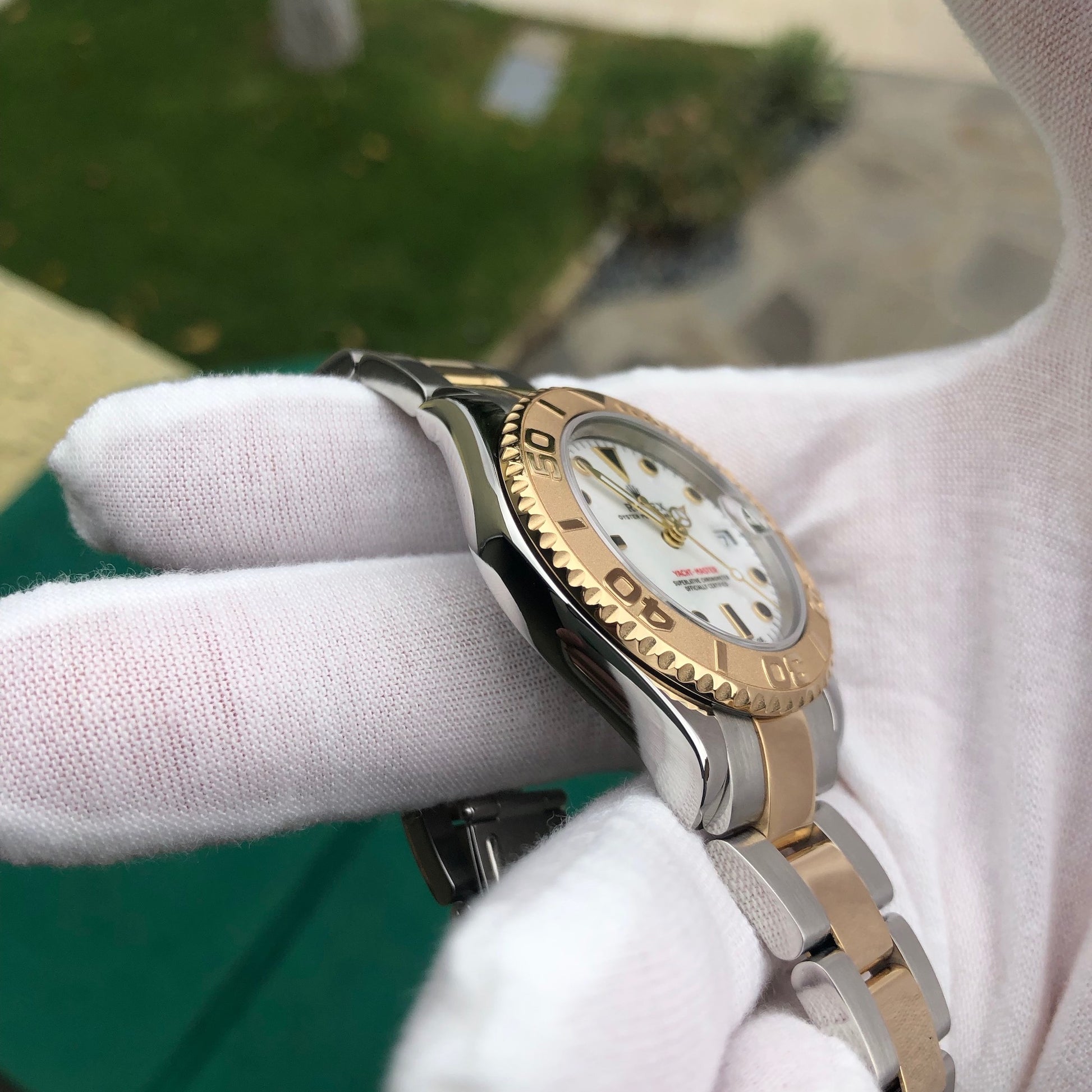 Rolex Yachtmaster 168623 Two Tone Steel Gold 35mm White Oyster Wristwatch Box Papers - Hashtag Watch Company