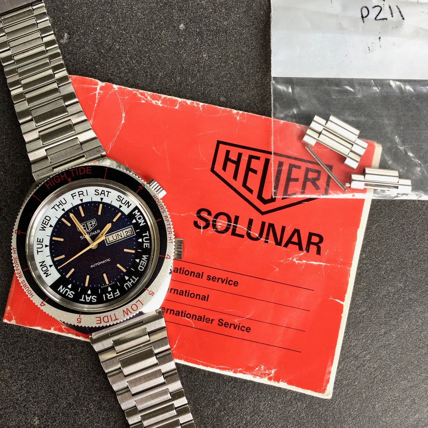 Vintage Heuer Solunar Tide Graphe Steel Day & Date Calendar Automatic Tropical Wristwatch - Hashtag Watch Company