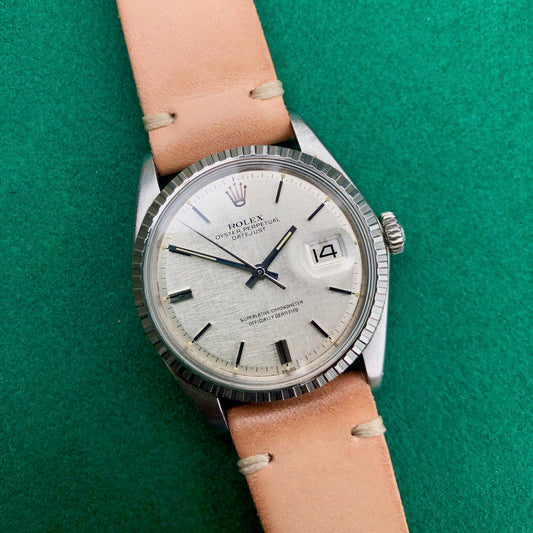 Vintage Rolex Datejust 1603 Silver Linen Engine Turned Wristwatch Circa 1968 - Hashtag Watch Company