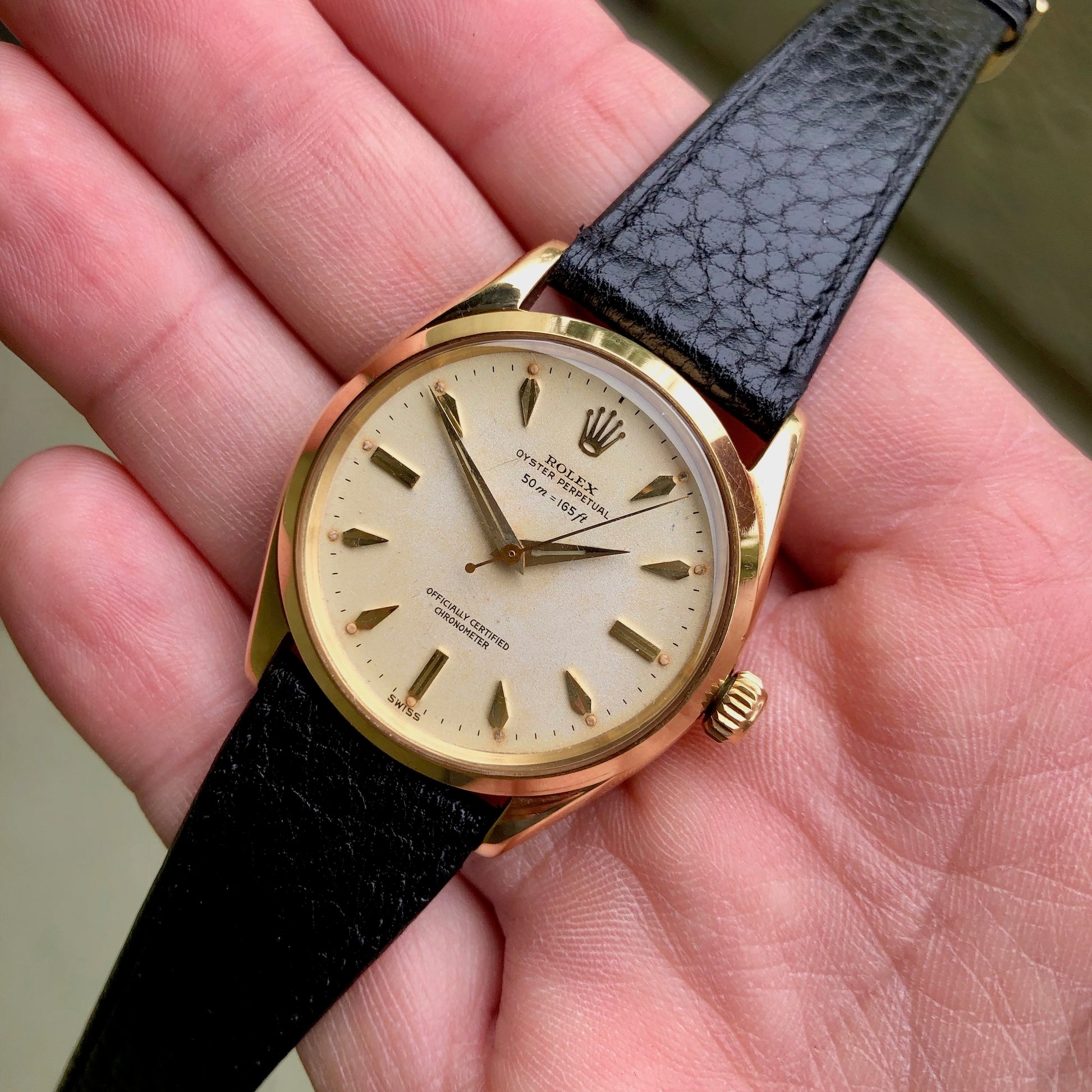 Vintage Rolex Oyster Perpetual 6564 50m = 165ft 18K Yellow Automatic Wristwatch Circa 1954 - Hashtag Watch Company