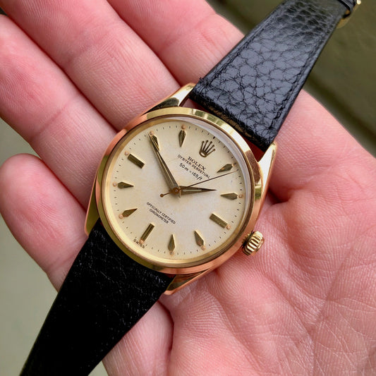 Vintage Rolex Oyster Perpetual 6564 50m = 165ft 18K Yellow Automatic Wristwatch Circa 1954 - Hashtag Watch Company