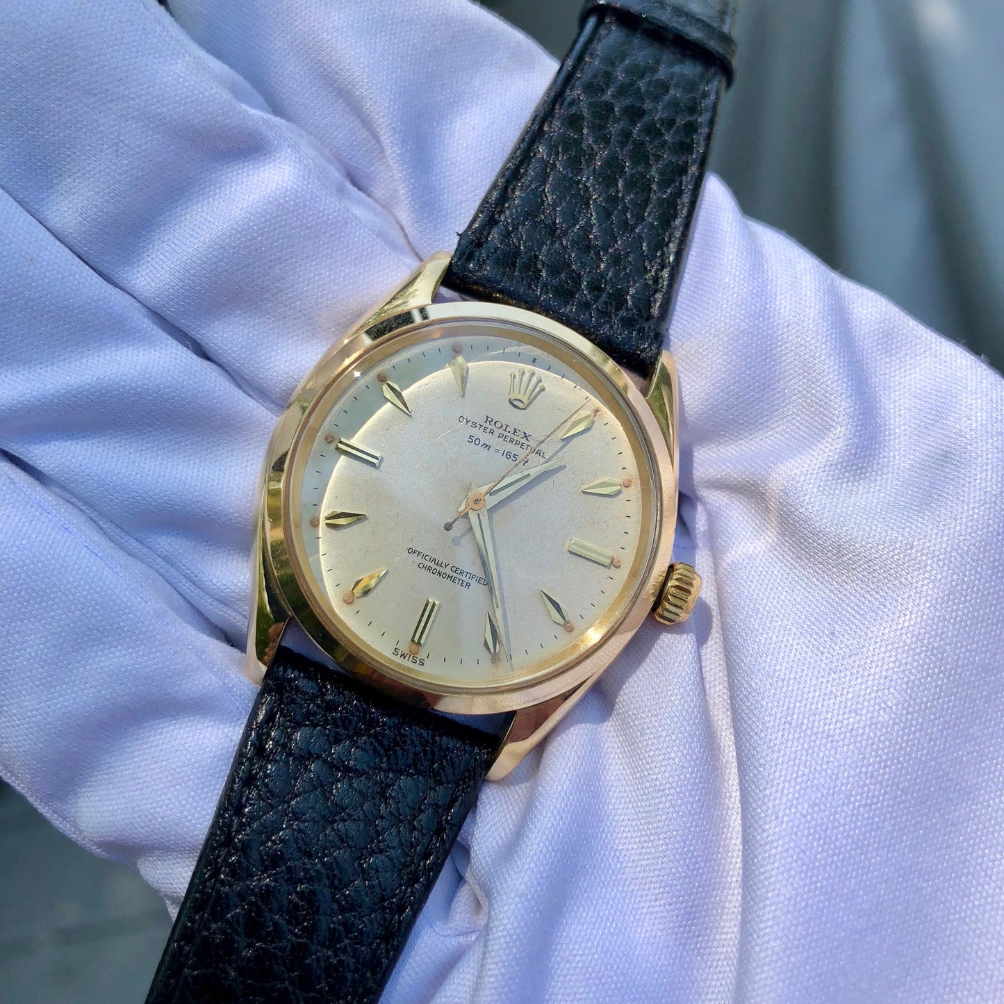 Vintage Rolex Oyster Perpetual 6564 50m = 165ft 18K Yellow Automatic Wristwatch Circa 1954 - Hashtag Watch Company