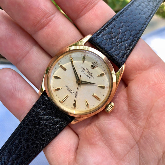 Vintage Rolex Oyster Perpetual 6564 50m = 165ft 18K Yellow Automatic Wristwatch Circa 1954 - Hashtag Watch Company