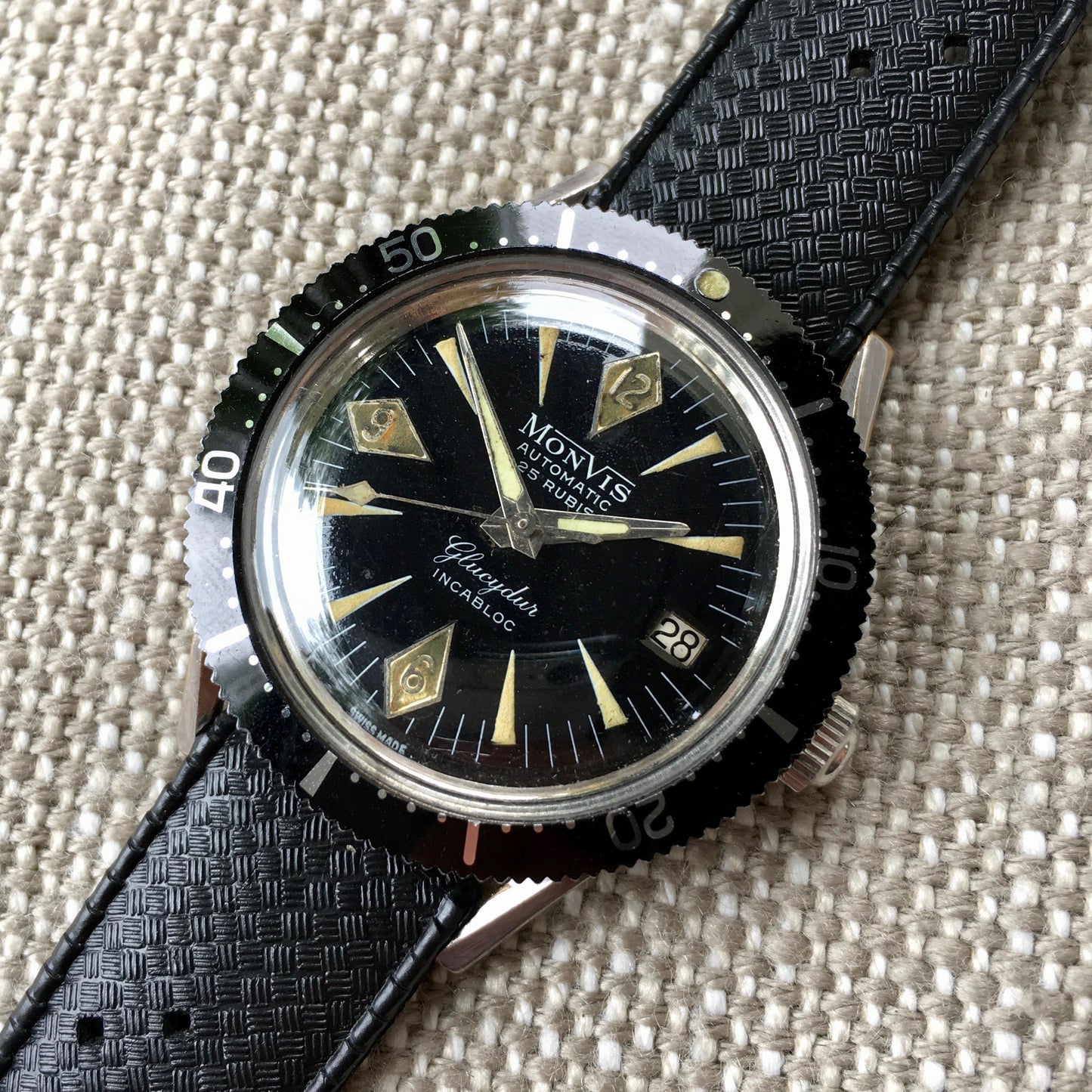 Vintage Monvis Glucydur Divers Incabloc Automatic Date Black Stainless Steel Wristwatch - Hashtag Watch Company