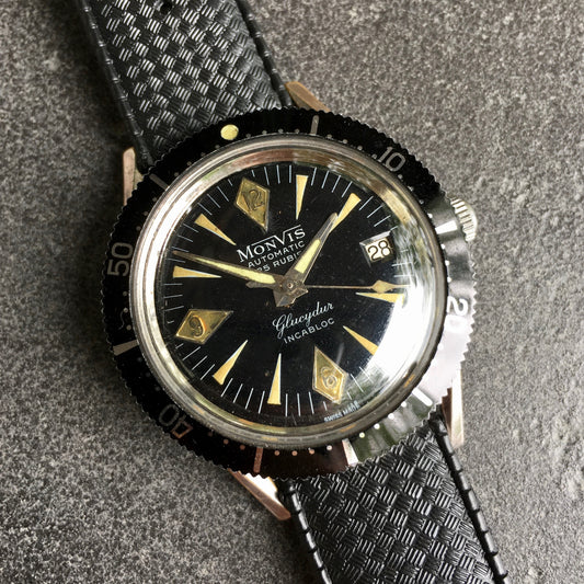 Vintage Monvis Glucydur Divers Incabloc Automatic Date Black Stainless Steel Wristwatch - Hashtag Watch Company
