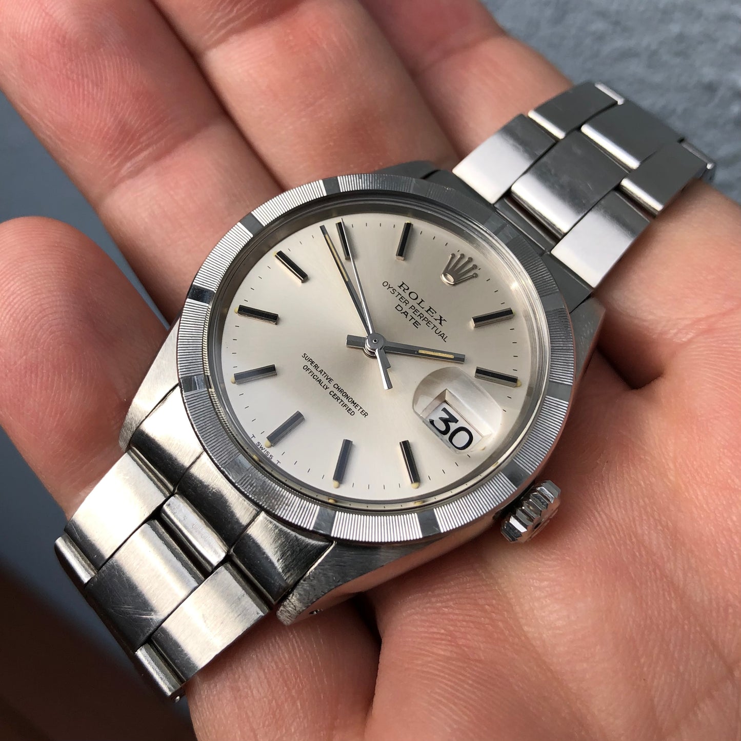 1970 Rolex Date 1501 Steel Engine Turned Oyster Silver Dial Wristwatch with PX Store Recepit and Punched Papers - Hashtag Watch Company