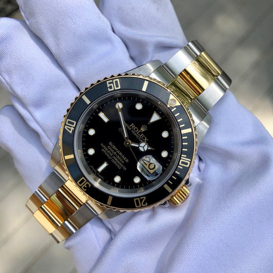 Rolex Submariner 16613 Two Tone Black Steel 18K Gold Wristwatch Box Papers Circa 2005 - Hashtag Watch Company