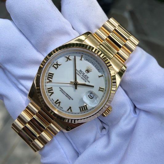 Rolex President 118238 Day Date 18K Yellow Gold White Roman Wristwatch Box Papers - Hashtag Watch Company