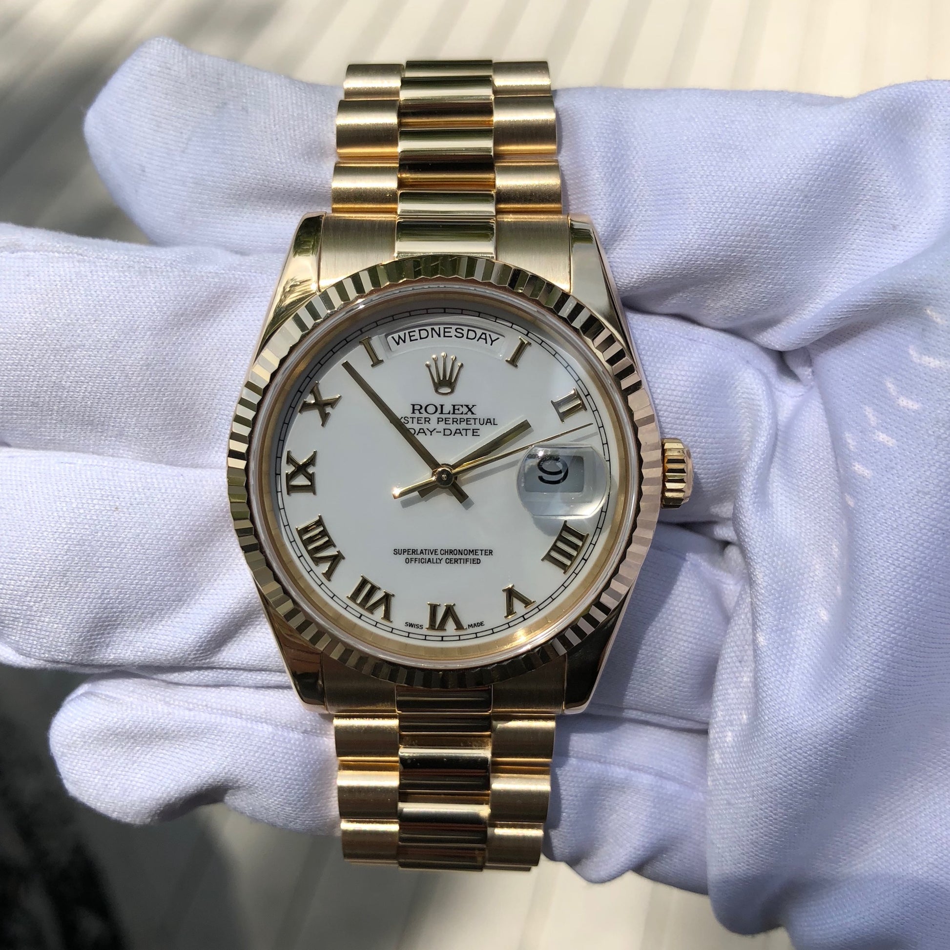 Rolex President 118238 Day Date 18K Yellow Gold White Roman Wristwatch Box Papers - Hashtag Watch Company