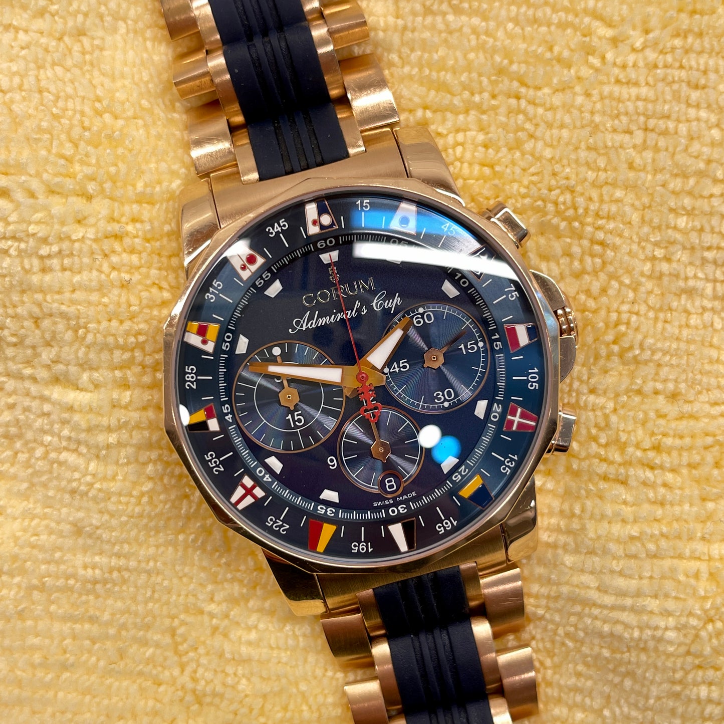 Corum Admiral's Cup Chronograph 44mm 18K Rose Gold Rubber Bracelet Blue Dial 985.673.55 - Hashtag Watch Company