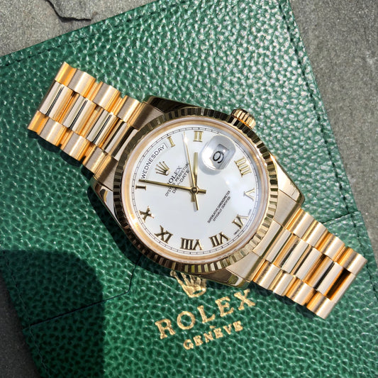 Rolex President 118238 Day Date 18K Yellow Gold White Roman Wristwatch Box Papers - Hashtag Watch Company