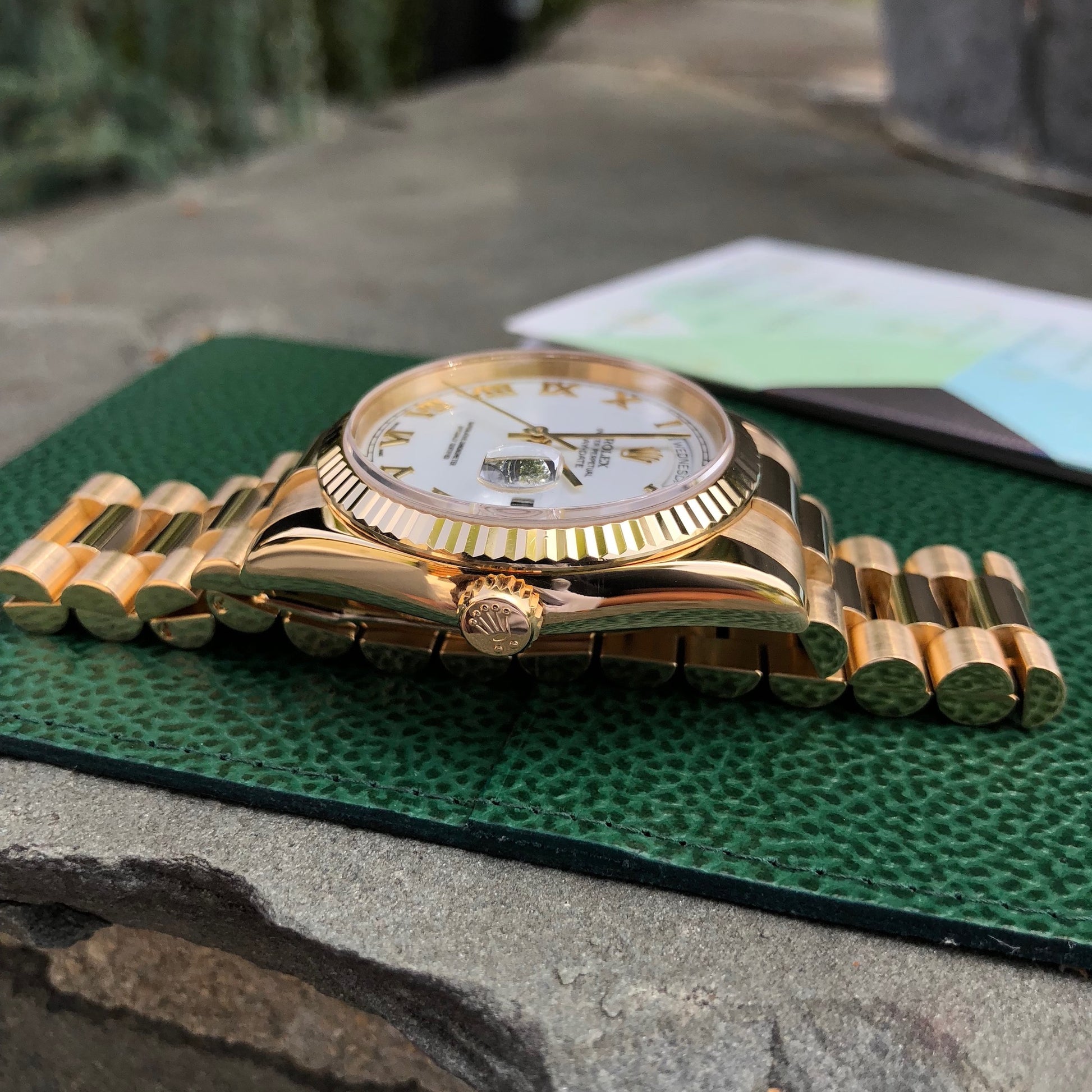 Rolex President 118238 Day Date 18K Yellow Gold White Roman Wristwatch Box Papers - Hashtag Watch Company