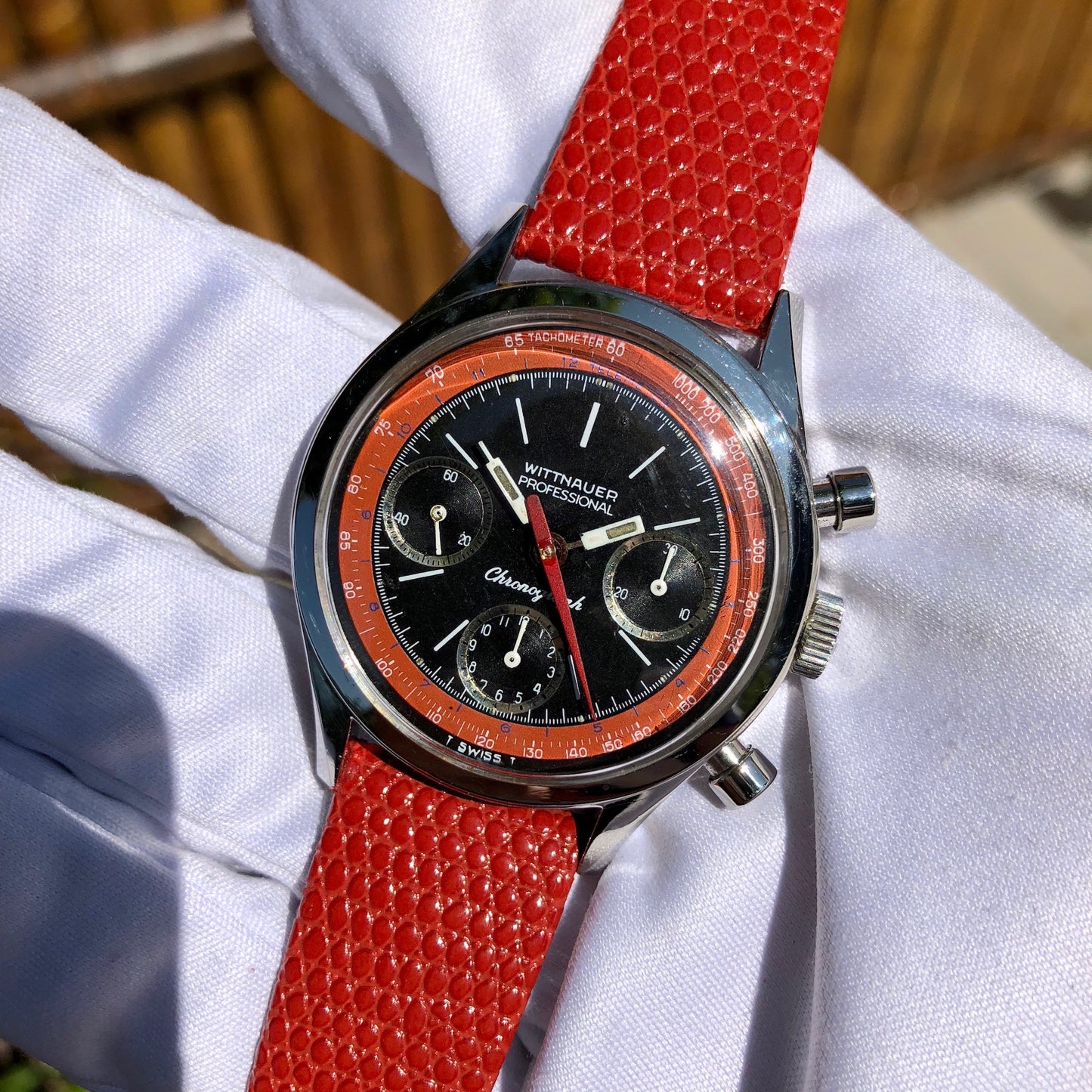 Vintage Wittnauer Professional 6002 Steel Valjoux 72 Chronograph Manual Black Red Exotic Dial Wristwatch - Hashtag Watch Company