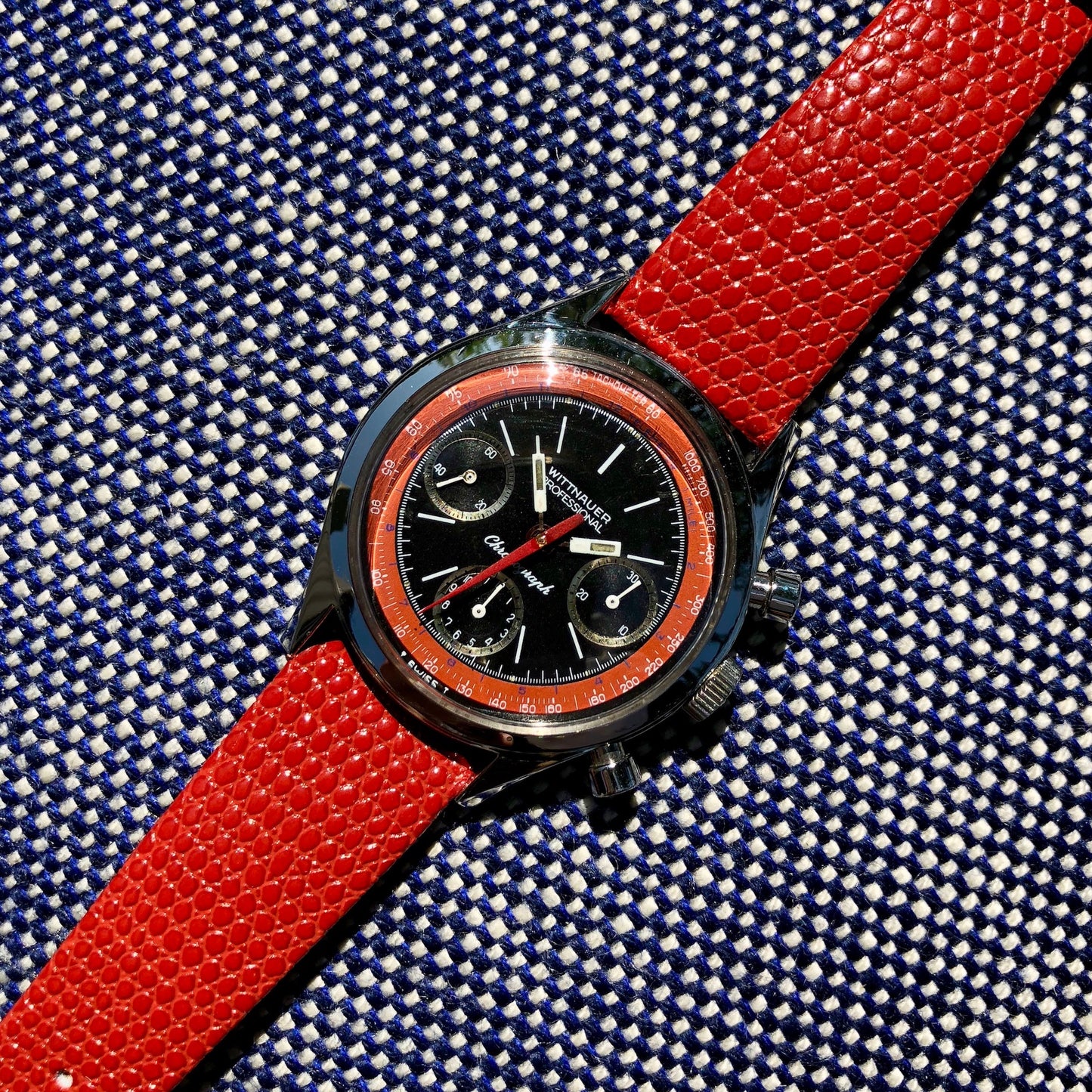 Vintage Wittnauer Professional 6002 Steel Valjoux 72 Chronograph Manual Black Red Exotic Dial Wristwatch - Hashtag Watch Company