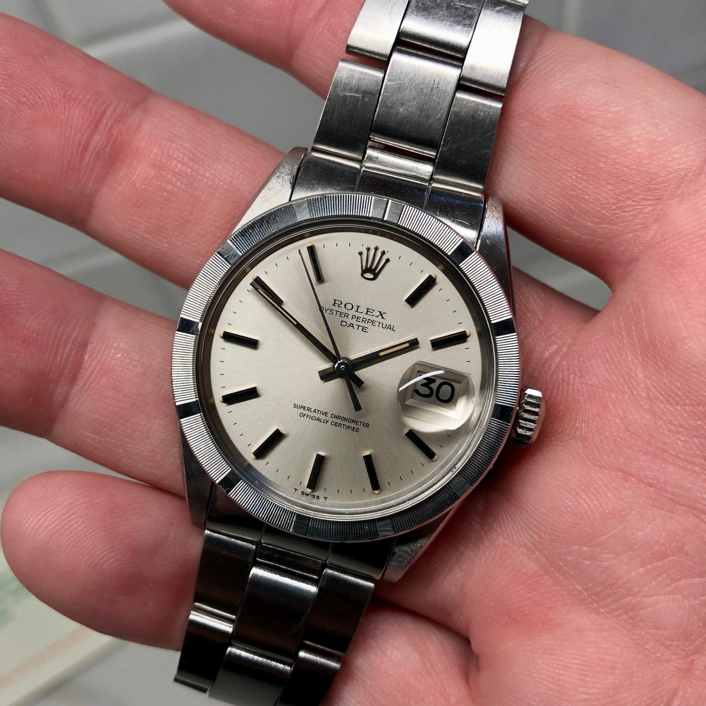 1970 Rolex Date 1501 Steel Engine Turned Oyster Silver Dial Wristwatch with PX Store Recepit and Punched Papers - Hashtag Watch Company