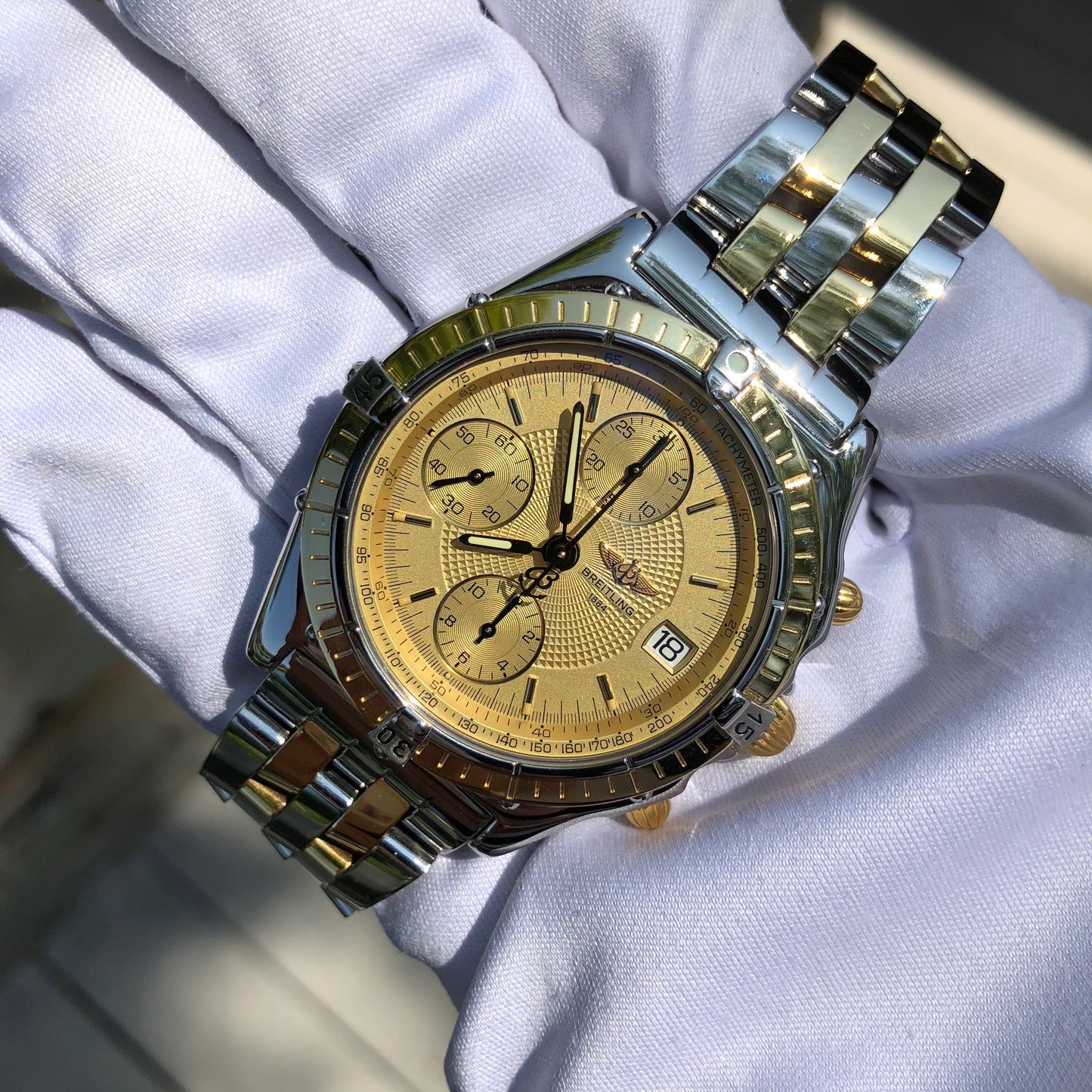 Breitling Chronomat 13050 Chronograph Two Tone Steel Gold Automatic Wristwatch Box Papers - Hashtag Watch Company