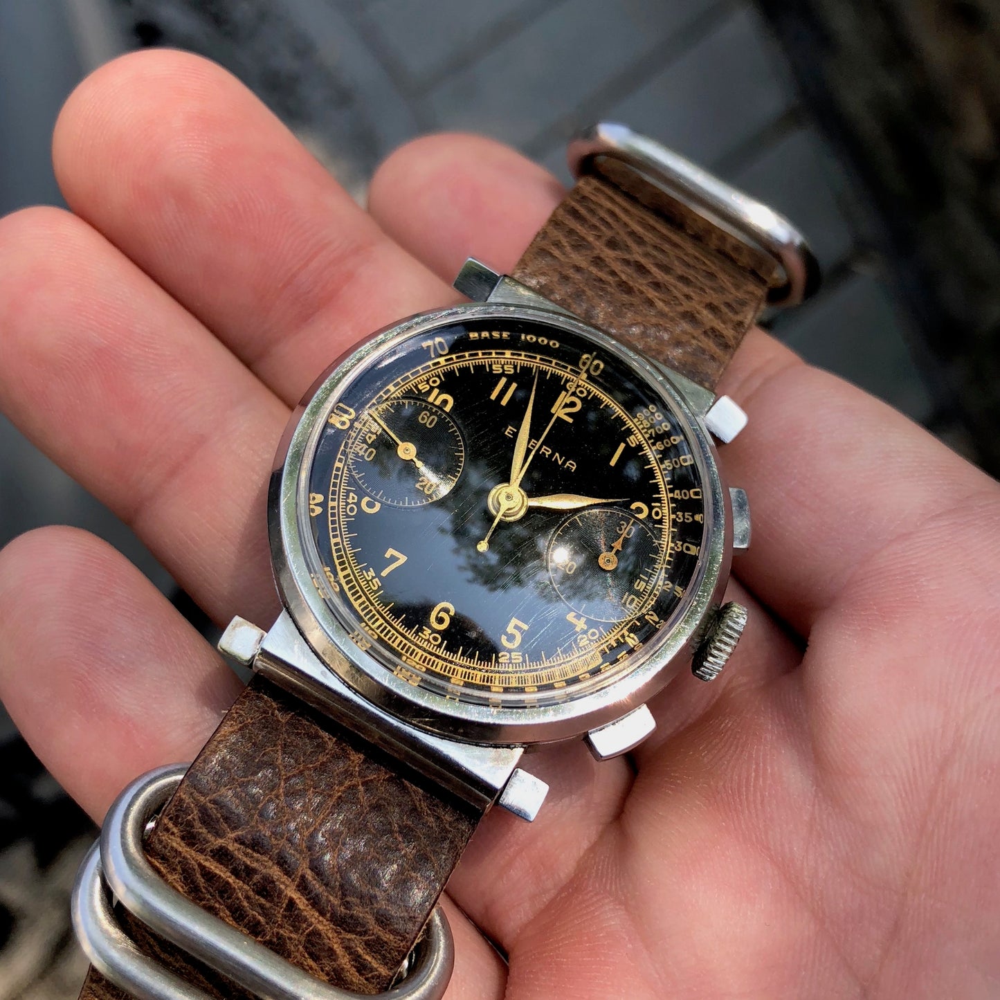 Vintage Eterna Stainless Steel Gilt Chronograph Flexible Lugs Manual Wind 35mm Wristwatch - Hashtag Watch Company