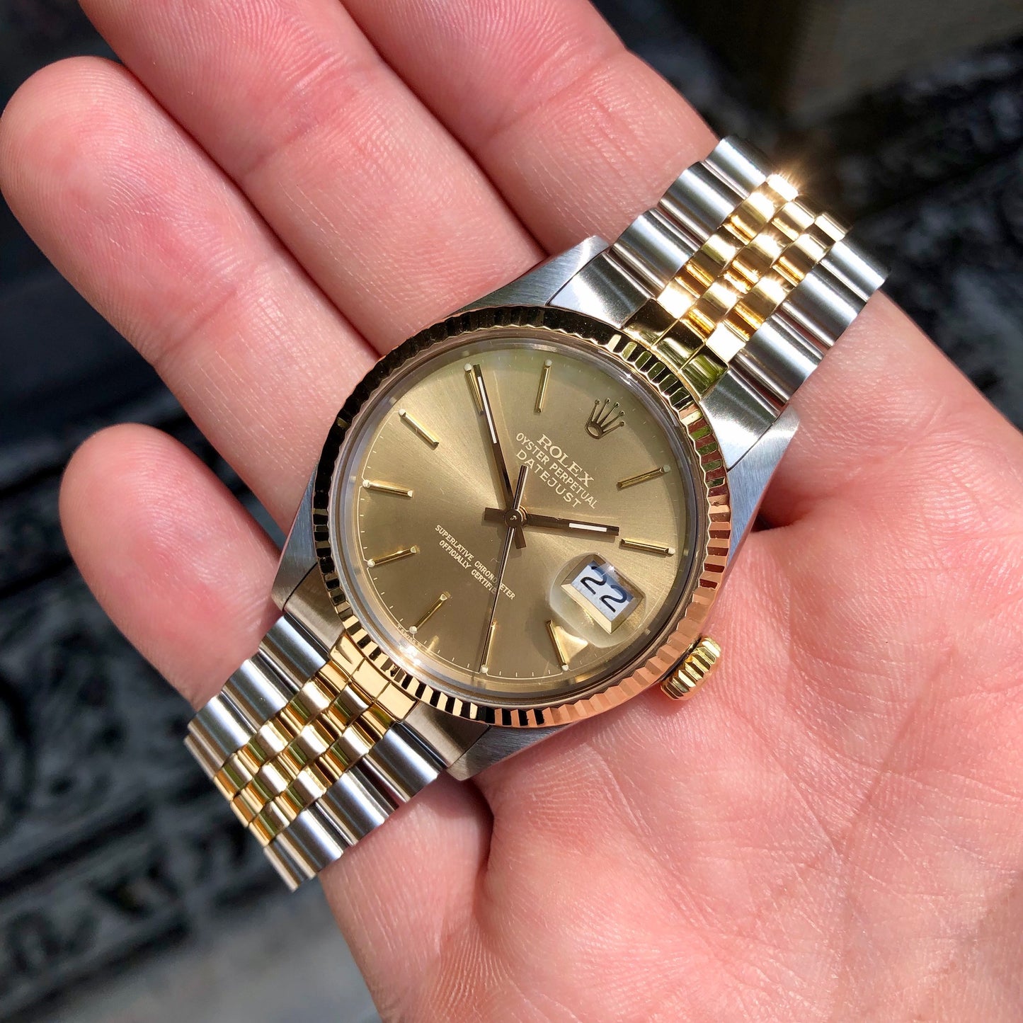 Vintage Rolex Datejust 16013 Steel Gold Chapter Ring Two Tone Jubilee Tropical Automatic Wristwatch Circa 1986 - Hashtag Watch Company