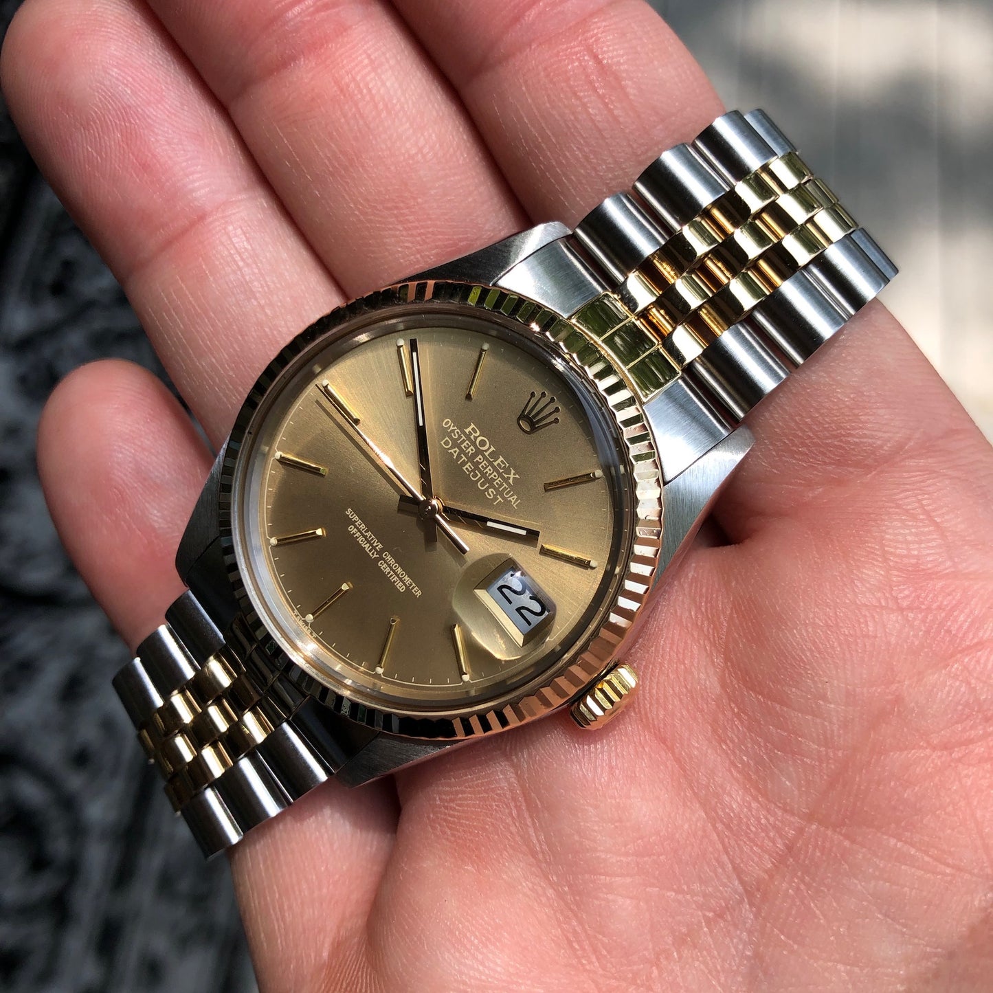 Vintage Rolex Datejust 16013 Steel Gold Chapter Ring Two Tone Jubilee Tropical Automatic Wristwatch Circa 1986 - Hashtag Watch Company