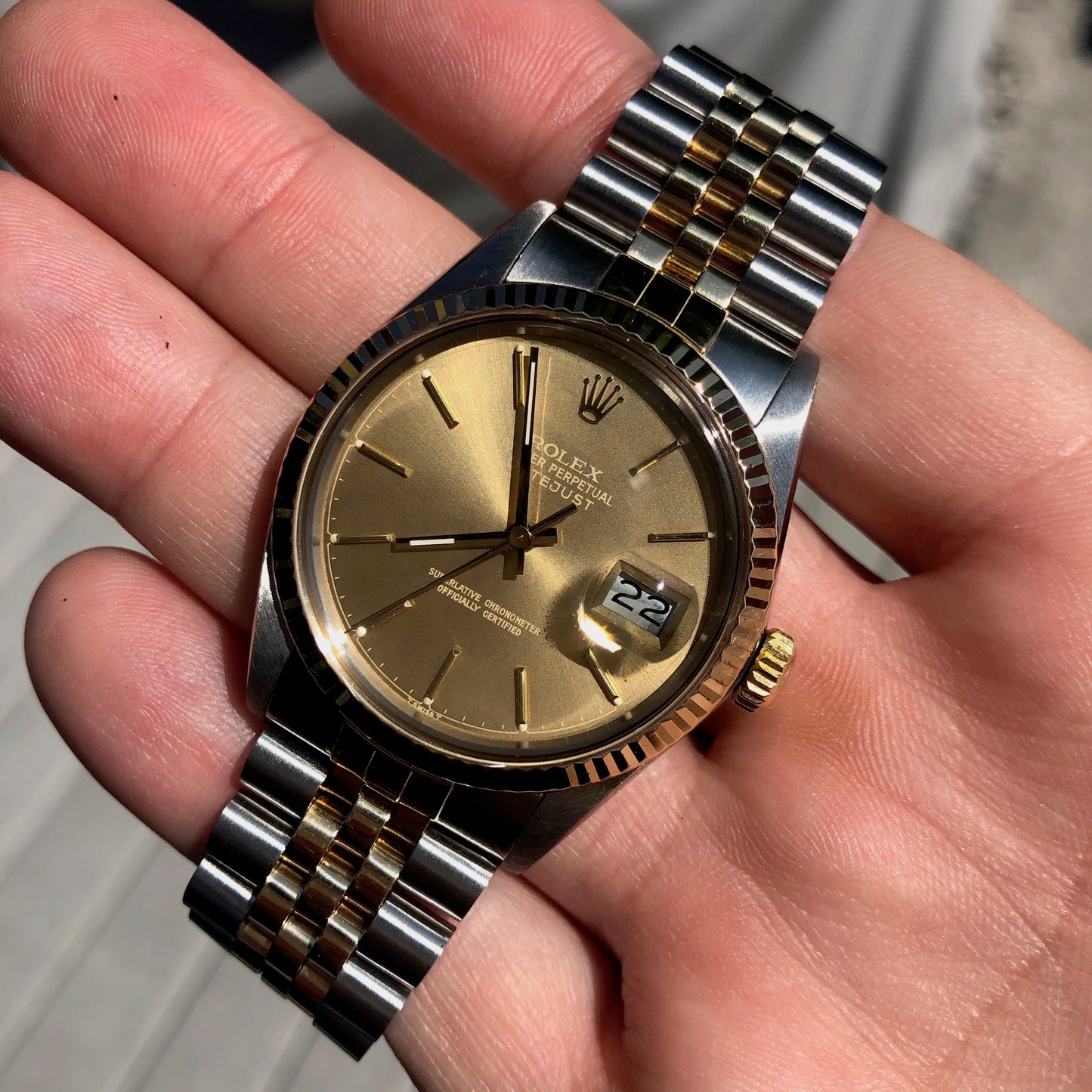 Vintage Rolex Datejust 16013 Steel Gold Chapter Ring Two Tone Jubilee Tropical Automatic Wristwatch Circa 1986 - Hashtag Watch Company