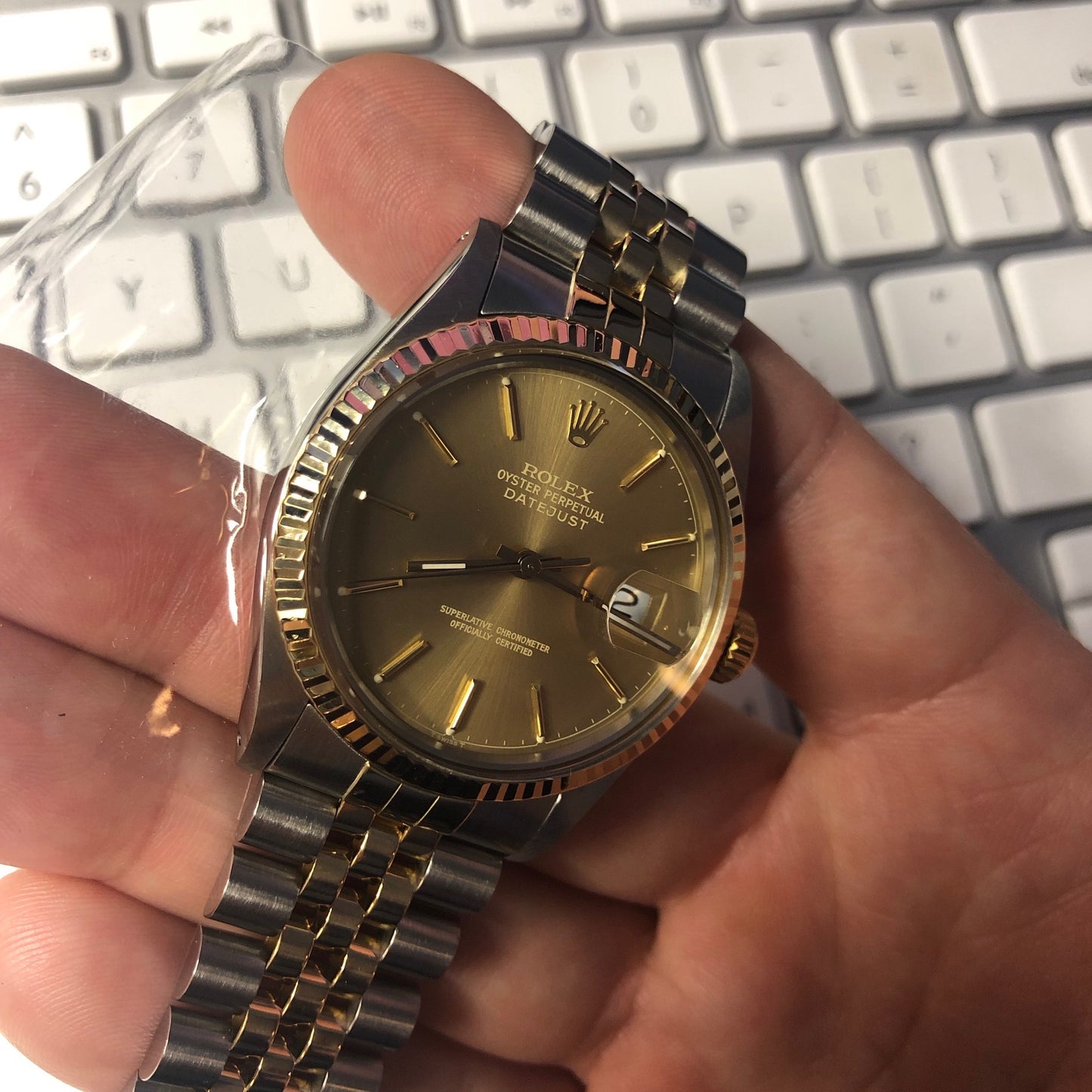 Vintage Rolex Datejust 16013 Steel Gold Chapter Ring Two Tone Jubilee Tropical Automatic Wristwatch Circa 1986 - Hashtag Watch Company