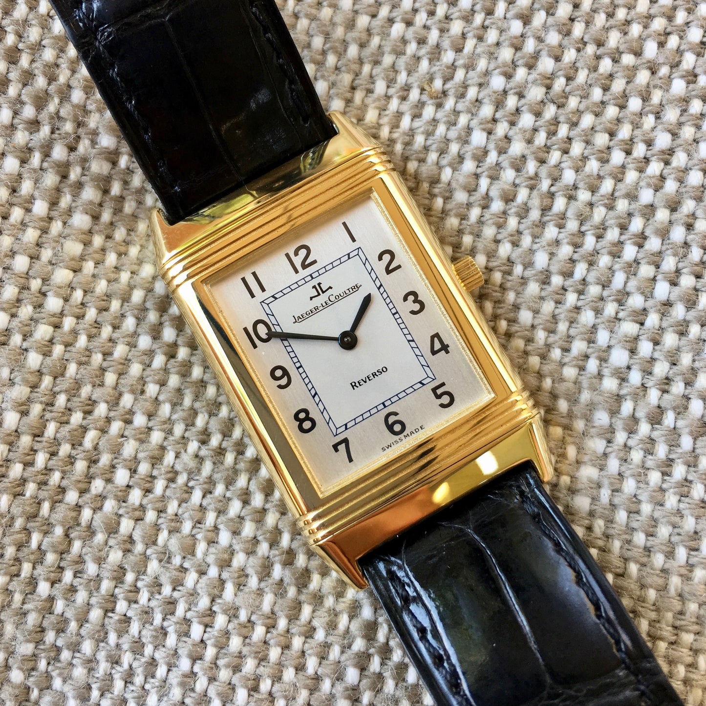 Jaeger LeCoultre Reverso 18K Yellow Gold Manual Wind Silver Leather Wristwatch - Hashtag Watch Company