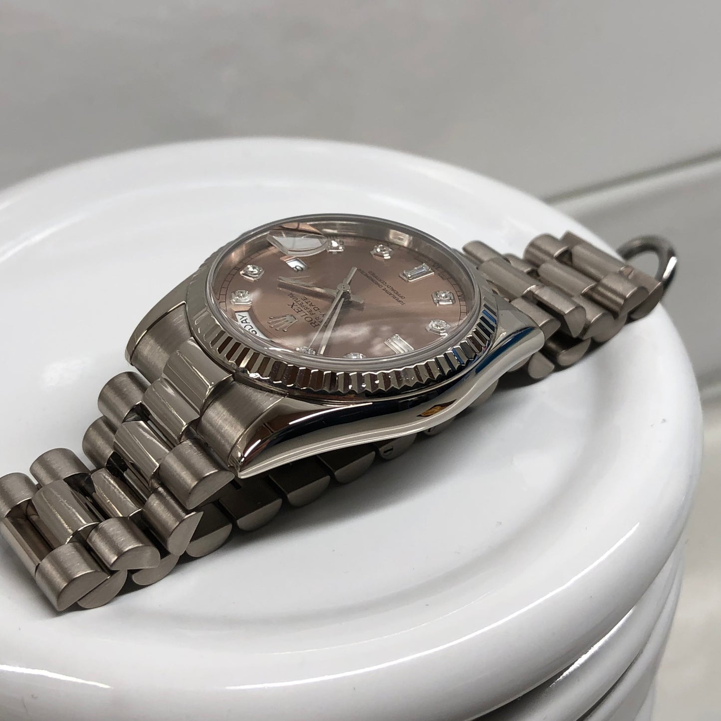 2000 Rolex President 118239 Day Date 18K White Gold Bronze Diamond Roman Dial Wristwatch - Hashtag Watch Company