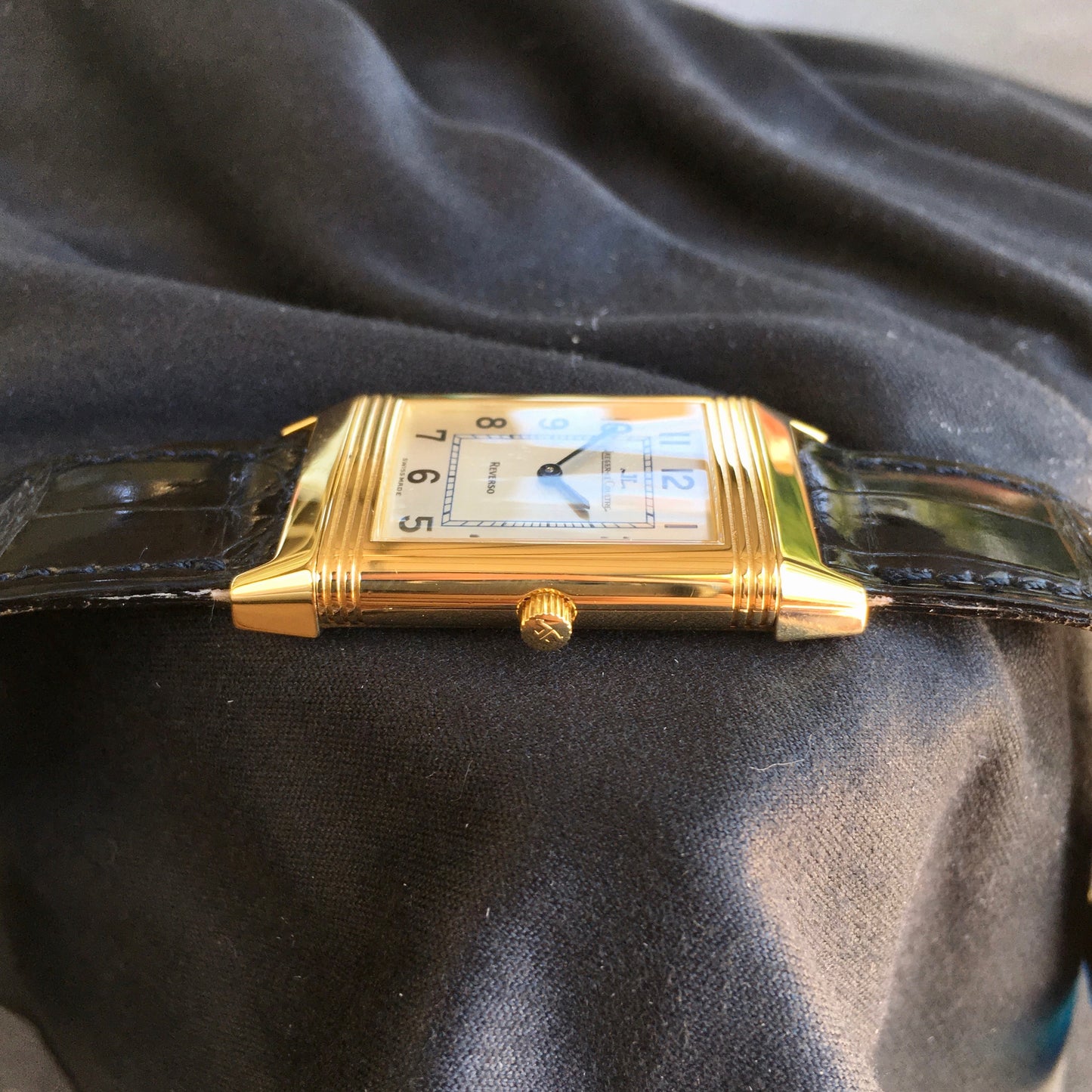 Jaeger LeCoultre Reverso 18K Yellow Gold Manual Wind Silver Leather Wristwatch - Hashtag Watch Company