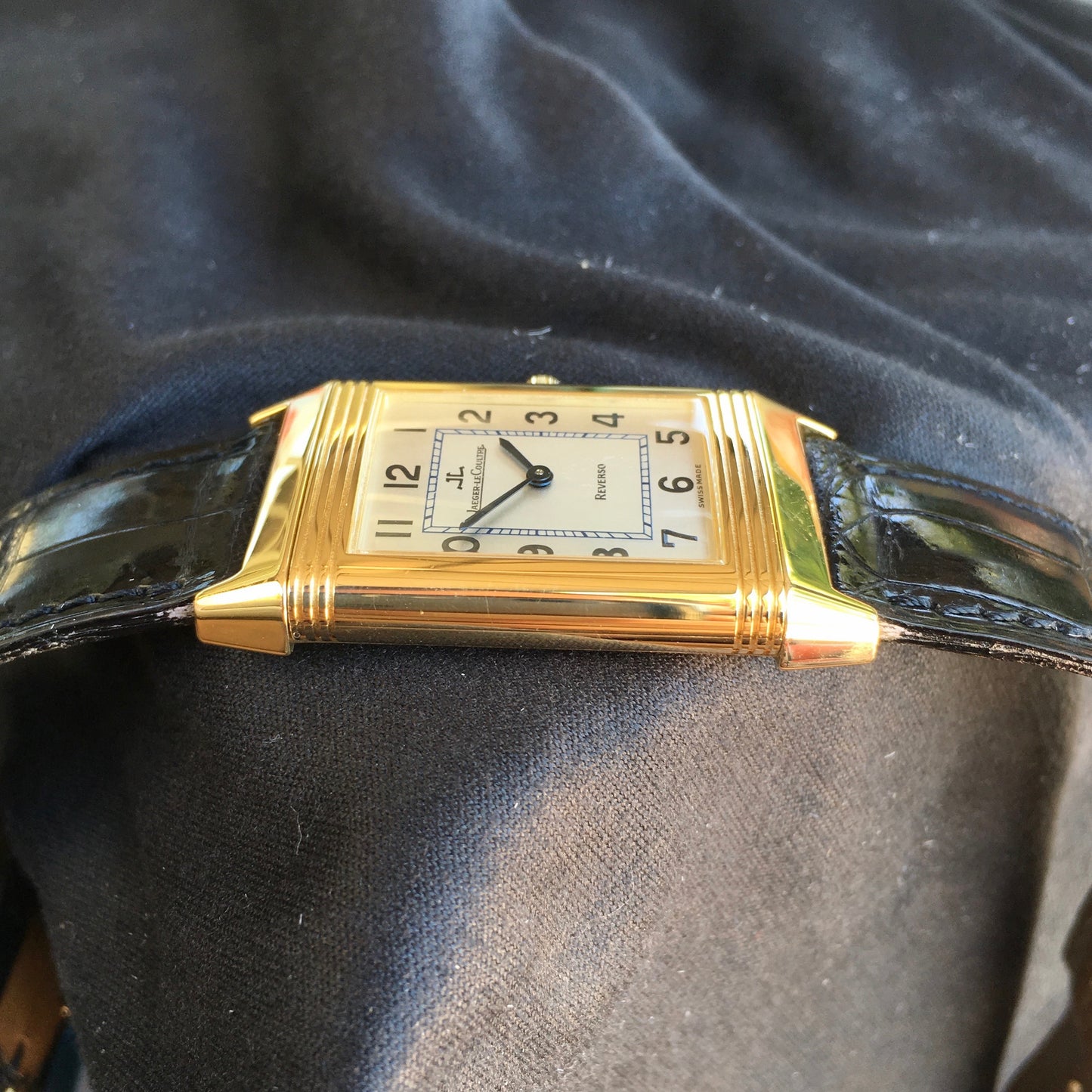 Jaeger LeCoultre Reverso 18K Yellow Gold Manual Wind Silver Leather Wristwatch - Hashtag Watch Company