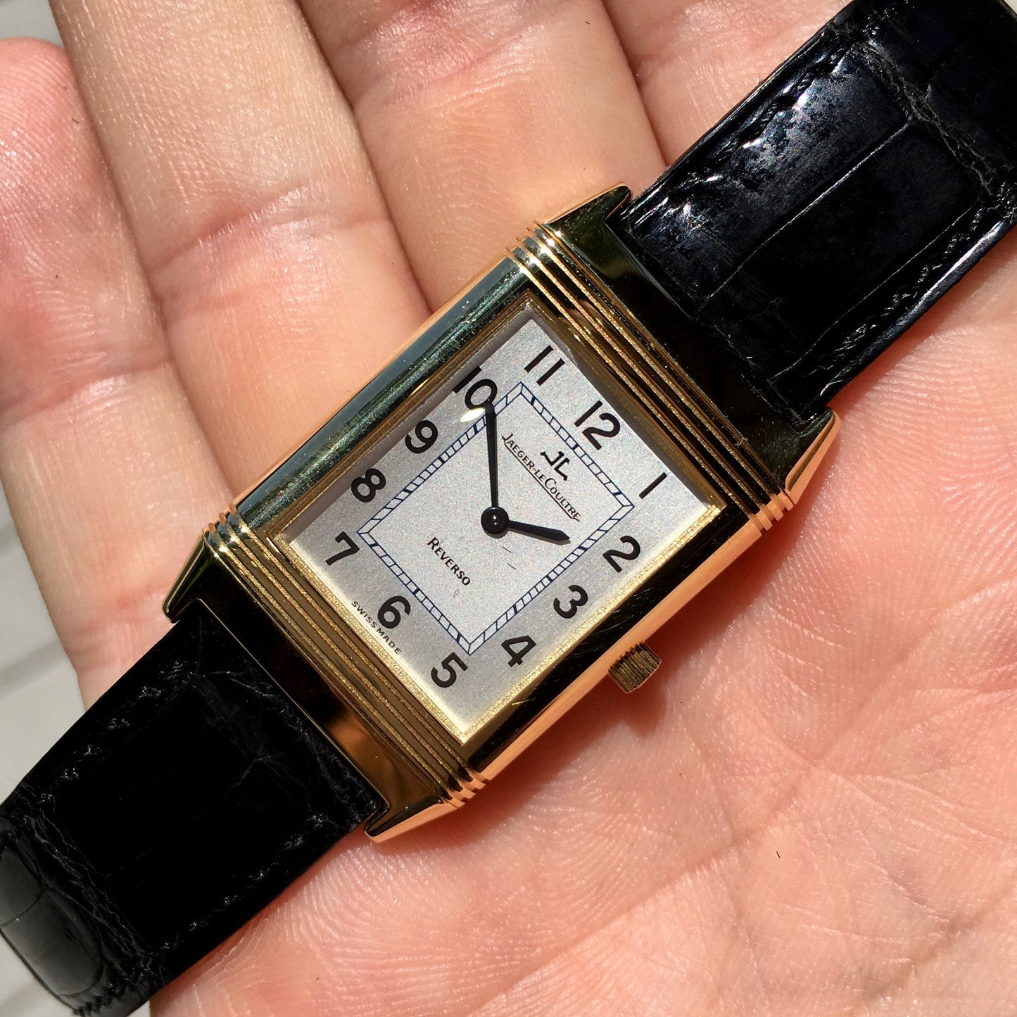 Jaeger LeCoultre Reverso 18K Yellow Gold Manual Wind Silver Leather Wristwatch - Hashtag Watch Company