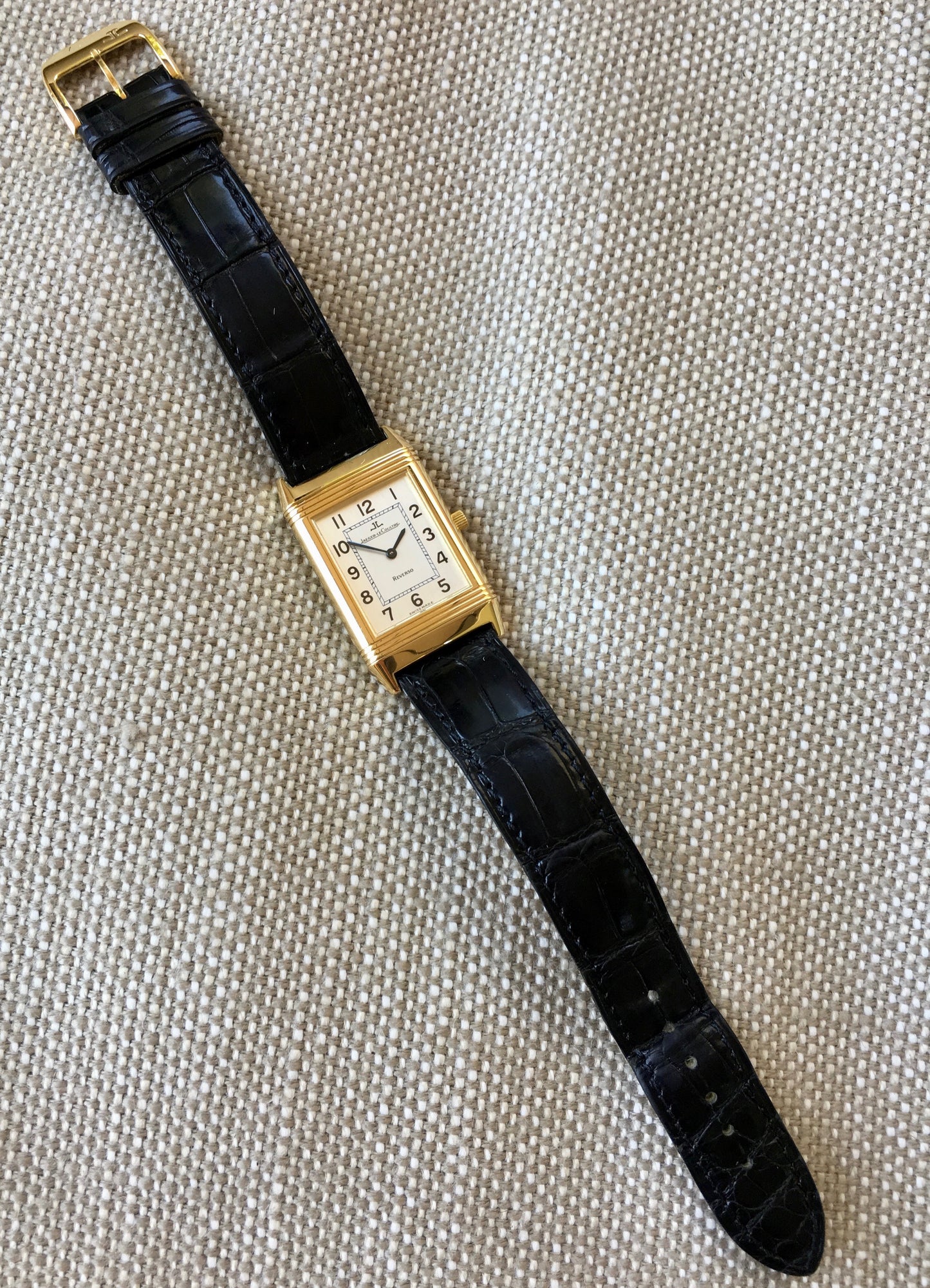 Jaeger LeCoultre Reverso 18K Yellow Gold Manual Wind Silver Leather Wristwatch - Hashtag Watch Company