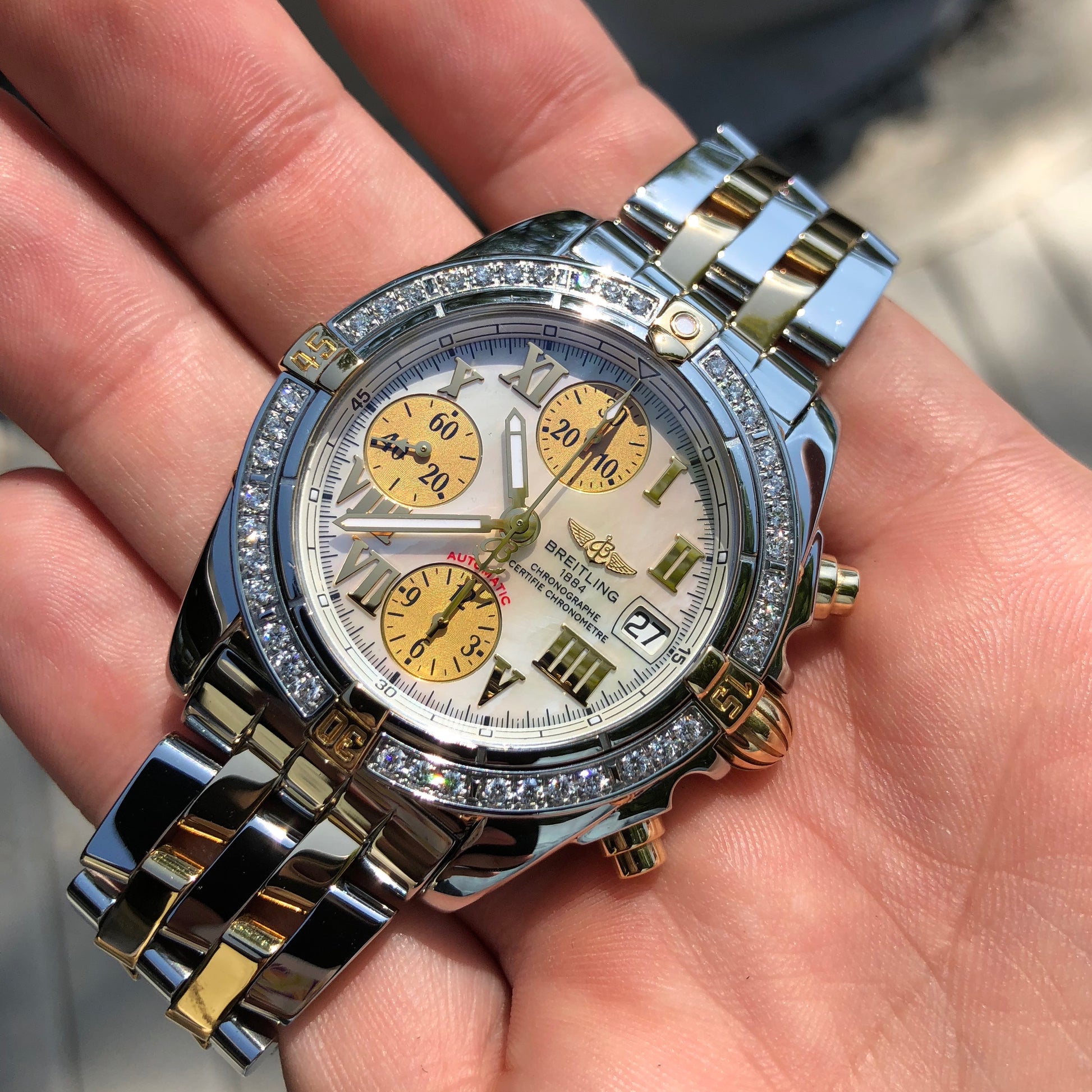 Breitling Cockpit B13358 Two Tone Steel Gold Roman MOP Diamond Box Papers - Hashtag Watch Company