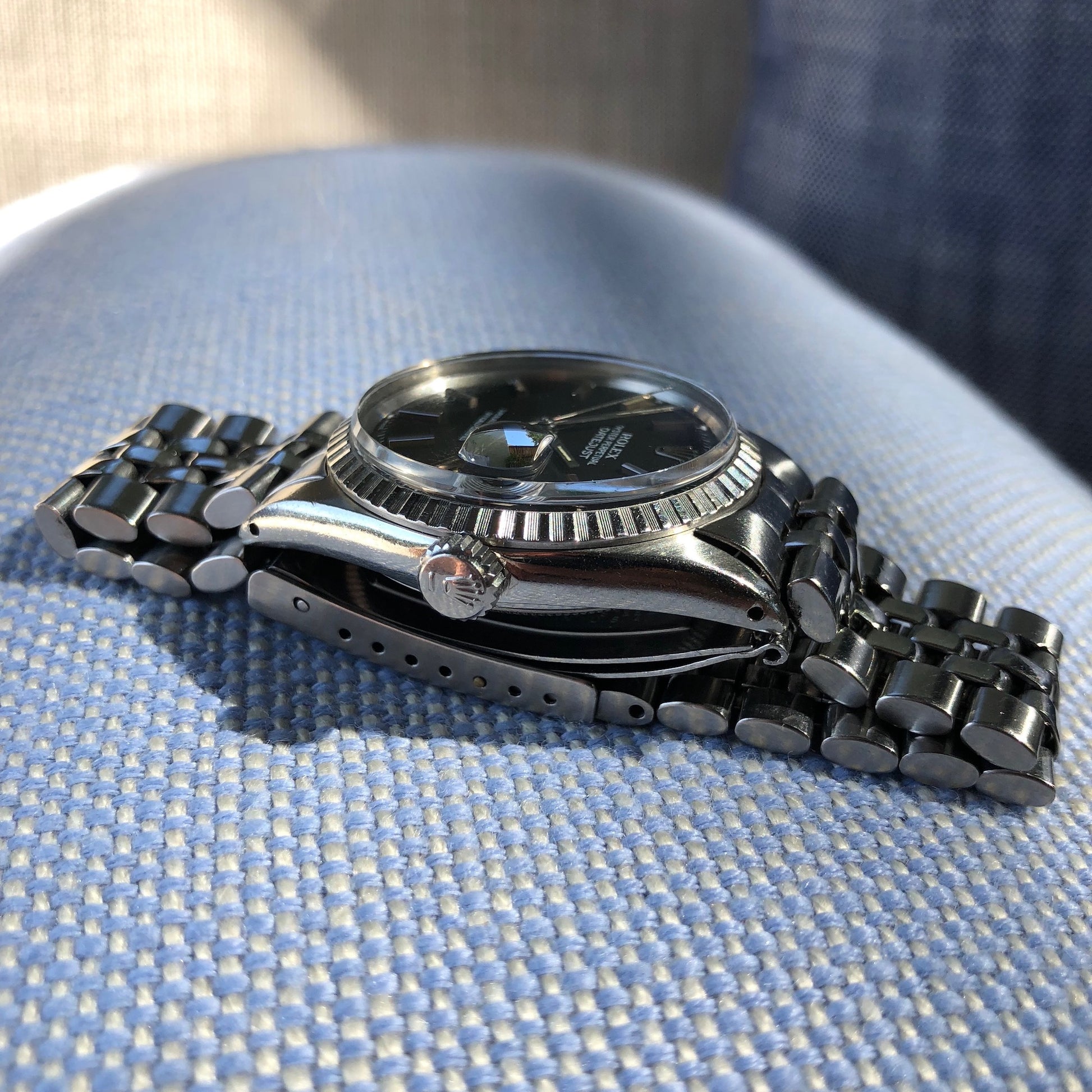Vintage Rolex Datejust 1603 Black Stick Engine Turned Big Logo Wristwatch Circa 1966 - Hashtag Watch Company