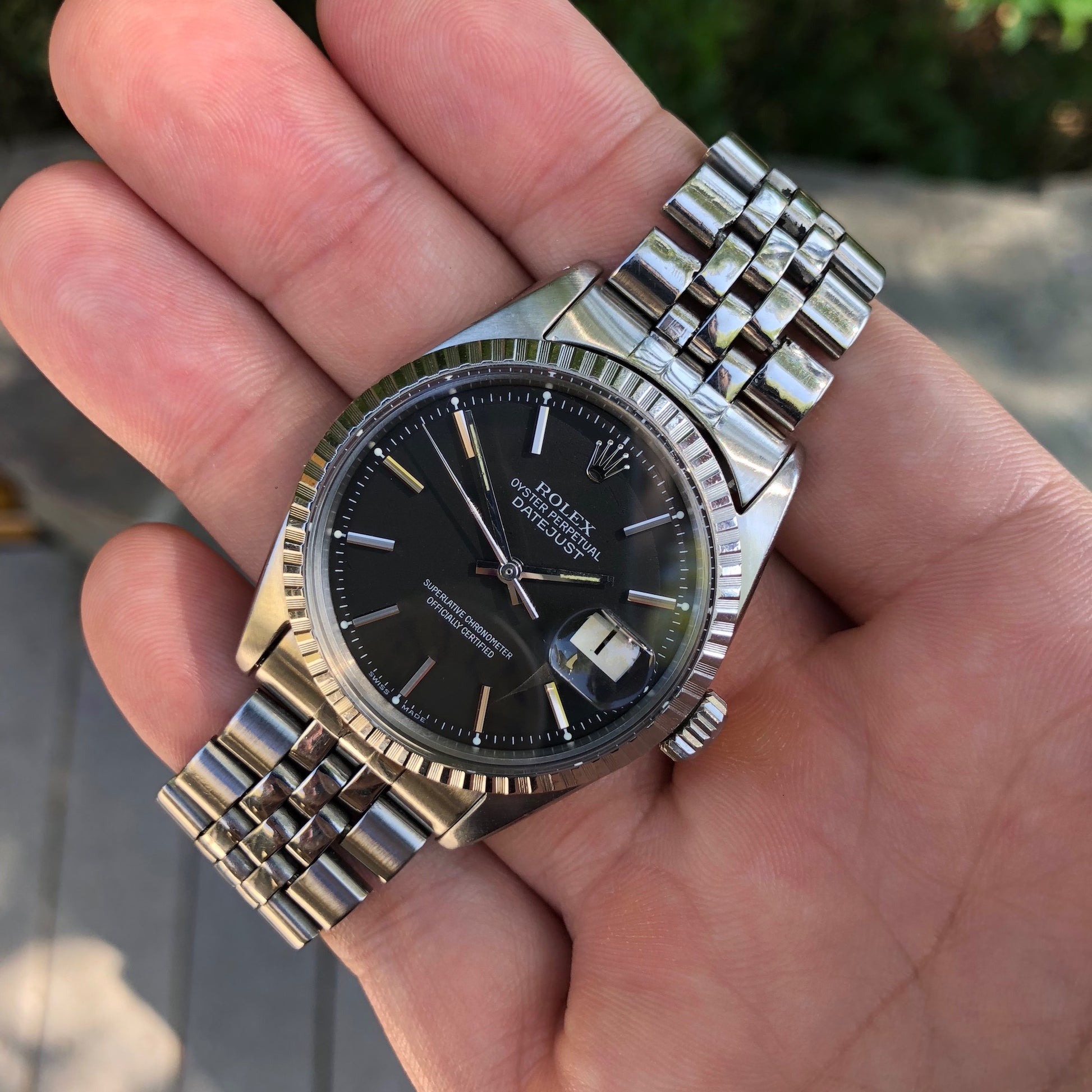 Vintage Rolex Datejust 1603 Black Stick Engine Turned Big Logo Wristwatch Circa 1966 - Hashtag Watch Company